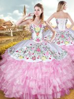 Rose Pink Military Ball Gown Military Ball and Sweet 16 and Quinceanera with Embroidery and Ruffled Layers Sweetheart Sleeveless Lace Up