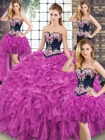 Captivating Fuchsia Sweetheart Lace Up Embroidery and Ruffles Quinceanera Dresses Sweep Train Sleeveless