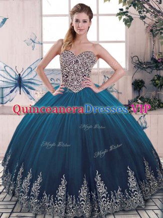 Noble Blue Tulle Lace Up Sweetheart Sleeveless Floor Length Quince Ball Gowns Beading and Appliques