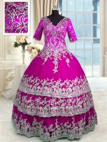 Elegant Fuchsia Quinceanera Dresses Military Ball and Sweet 16 and Quinceanera with Beading and Appliques and Ruffled Layers V-neck Half Sleeves Zipper(SKU PSSW0245-5BIZ)