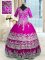 Elegant Fuchsia Quinceanera Dresses Military Ball and Sweet 16 and Quinceanera with Beading and Appliques and Ruffled Layers V-neck Half Sleeves Zipper