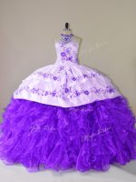 Smart Purple Lace Up Halter Top Embroidery and Ruffles Sweet 16 Dresses Organza Sleeveless Court Train