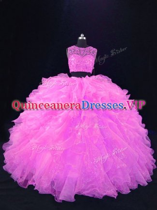 Perfect Scoop Sleeveless Quinceanera Gown Floor Length Beading and Ruffles Pink Organza