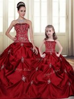 Exceptional Wine Red Lace Up Strapless Embroidery and Pick Ups Ball Gown Prom Dress Taffeta Sleeveless