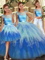 Customized Multi-color Ball Gowns Tulle Scoop Sleeveless Lace and Ruffles Floor Length Lace Up Sweet 16 Dress