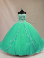 Attractive Sleeveless Tulle Court Train Lace Up Quinceanera Dress in Turquoise with Beading