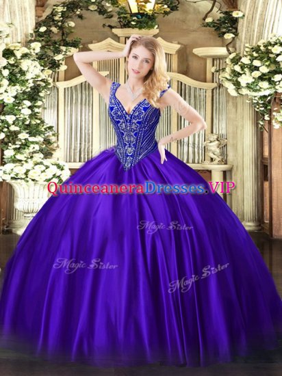 Purple Ball Gowns Satin V-neck Sleeveless Beading Floor Length Lace Up Quinceanera Dress - Click Image to Close