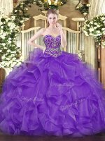 Sleeveless Floor Length Beading and Ruffles Lace Up 15 Quinceanera Dress with Lavender