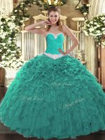 Luxurious Floor Length Turquoise Sweet 16 Dresses Organza Sleeveless Appliques and Ruffles
