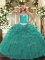 Luxurious Floor Length Turquoise Sweet 16 Dresses Organza Sleeveless Appliques and Ruffles