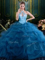 Dynamic Tulle Halter Top Sleeveless Lace Up Beading and Pick Ups Quince Ball Gowns in Navy Blue