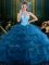 Dynamic Tulle Halter Top Sleeveless Lace Up Beading and Pick Ups Quince Ball Gowns in Navy Blue