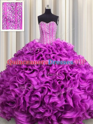 Visible Boning Fuchsia Sleeveless Organza Lace Up Sweet 16 Dress for Military Ball and Sweet 16 and Quinceanera