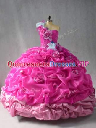 Glorious Floor Length Lace Up Ball Gown Prom Dress Fuchsia for Sweet 16 and Quinceanera with Pick Ups and Hand Made Flower
