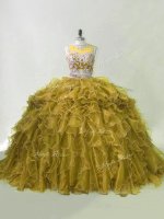 Noble Olive Green Zipper Quinceanera Dresses Beading and Ruffles Sleeveless Brush Train