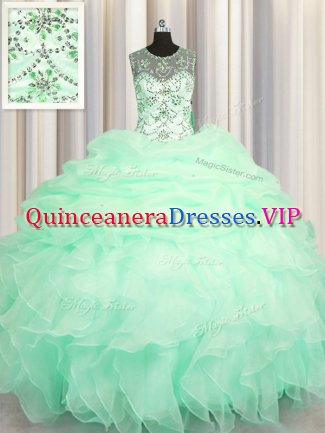 Sumptuous See Through Apple Green Lace Up Scoop Beading and Ruffles and Pick Ups Quinceanera Dress Organza Sleeveless