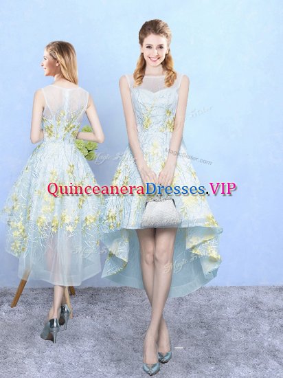 Lovely Apple Green Tulle Zipper Damas Dress Sleeveless High Low Appliques and Pattern - Click Image to Close