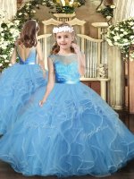Cheap Baby Blue Backless Girls Pageant Dresses Ruffles Sleeveless Floor Length