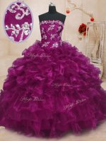 Graceful Sleeveless Organza Floor Length Lace Up Quinceanera Dress in Fuchsia with Beading and Appliques and Ruffles