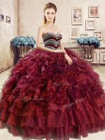 Wine Red Lace Up Sweetheart Beading and Ruffles Quinceanera Dress Organza Sleeveless