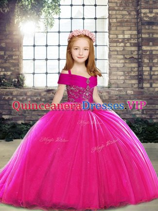 Affordable Sleeveless Beading Lace Up Pageant Dress with Fuchsia Brush Train