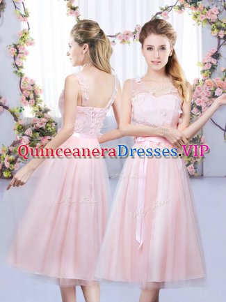 Popular Tulle Sleeveless Tea Length Court Dresses for Sweet 16 and Lace and Belt
