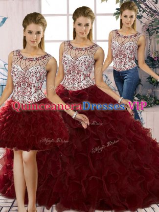 Sweet Burgundy Lace Up Scoop Beading and Ruffles Vestidos de Quinceanera Organza Sleeveless