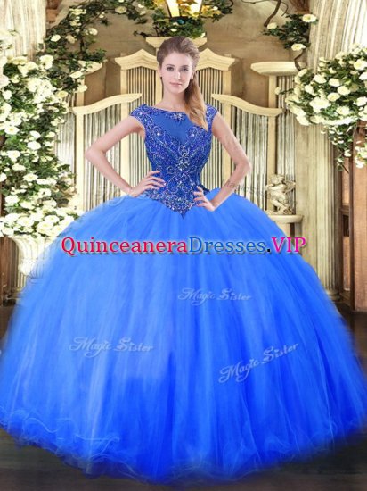 Blue Ball Gown Prom Dress Sweet 16 and Quinceanera with Beading Scoop Cap Sleeves Zipper - Click Image to Close