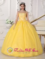 Remarkable Customize Light Yellow Lace and Ruch Bellmore New York/NY Quinceanera Gown With Strapless For Sweet 16