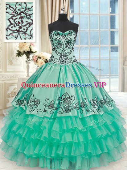 Turquoise Ball Gown Prom Dress Military Ball and Sweet 16 and Quinceanera with Embroidery and Ruffled Layers Sweetheart Sleeveless Lace Up - Click Image to Close