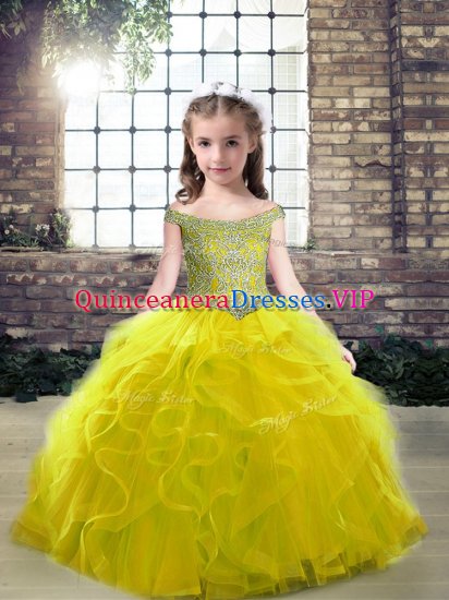 Beading and Ruffles Pageant Dress Womens Olive Green Lace Up Sleeveless Floor Length - Click Image to Close