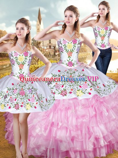 Designer Rose Pink Sweetheart Neckline Embroidery and Ruffled Layers Sweet 16 Quinceanera Dress Sleeveless Lace Up - Click Image to Close