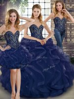 Popular Navy Blue Three Pieces Sweetheart Sleeveless Tulle Floor Length Lace Up Beading and Ruffles Vestidos de Quinceanera