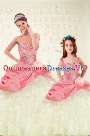 Fancy Sleeveless Organza and Taffeta Floor Length Lace Up Sweet 16 Quinceanera Dress in Pink with Beading and Ruffled Layers and Hand Made Flower