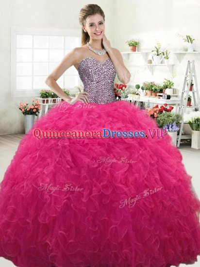 Customized Hot Pink Sleeveless Floor Length Beading and Ruffles Lace Up Quinceanera Gowns - Click Image to Close