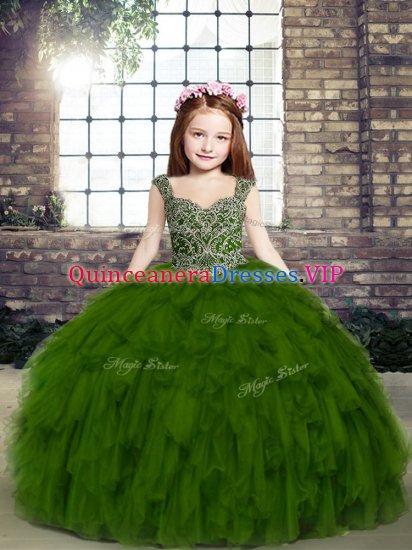 Olive Green Tulle Lace Up Straps Sleeveless Floor Length Little Girls Pageant Dress Wholesale Beading and Ruffles - Click Image to Close