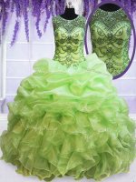 Scoop See Through Sleeveless Floor Length Beading and Ruffles and Pick Ups Lace Up Sweet 16 Quinceanera Dress with