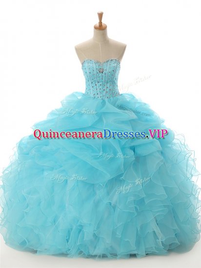 Delicate Aqua Blue Ball Gowns Beading and Ruffled Layers 15th Birthday Dress Lace Up Organza Sleeveless Floor Length - Click Image to Close
