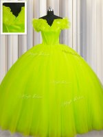 Yellow Green Tulle Lace Up Off The Shoulder Short Sleeves With Train Quinceanera Gowns Court Train Ruching