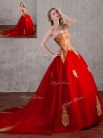Luxury Sleeveless With Train Appliques Lace Up Vestidos de Quinceanera with Red Court Train(SKU YCQD0104BIZ)