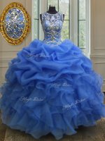 Ball Gowns Sweet 16 Quinceanera Dress Blue Scoop Organza Sleeveless Floor Length Lace Up