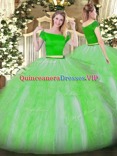 Classical Green Off The Shoulder Zipper Appliques and Ruffles Quinceanera Dresses Short Sleeves - Click Image to Close