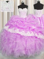 Lilac Ball Gowns Beading and Appliques and Ruffles and Pick Ups Sweet 16 Dress Lace Up Organza Sleeveless Floor Length