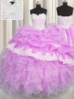 Lilac Ball Gowns Beading and Appliques and Ruffles and Pick Ups Sweet 16 Dress Lace Up Organza Sleeveless Floor Length(SKU PSSW0450-5BIZ)