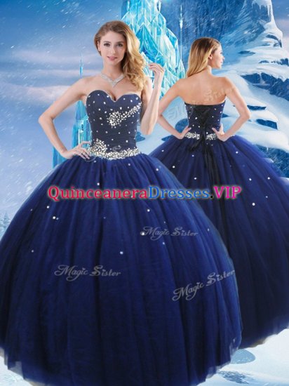 Amazing Floor Length Lace Up Quinceanera Dresses Navy Blue for Military Ball and Sweet 16 and Quinceanera with Beading - Click Image to Close