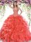 Customized Sleeveless Organza Sweep Train Lace Up Ball Gown Prom Dress in Red with Beading and Ruffles