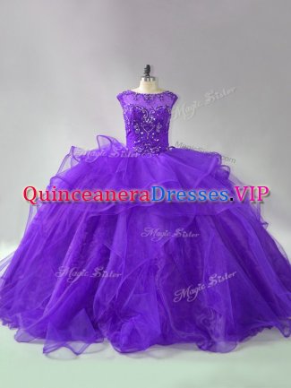 Purple Sleeveless Organza Brush Train Lace Up 15th Birthday Dress for Sweet 16 and Quinceanera