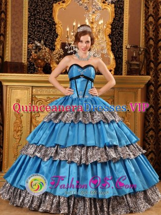 Gonzales Louisiana/LA Stylish Sky Blue and Leopard For Quinceanera Dress With Ruffles Layered Appliques