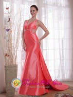 Watteau Train Waltermelon Column / Sheath Straps Beading Elastic Woven Satin Quinceanera Dama Dress in Pensacola FL(SKU PDHXQ194277BIZ)
