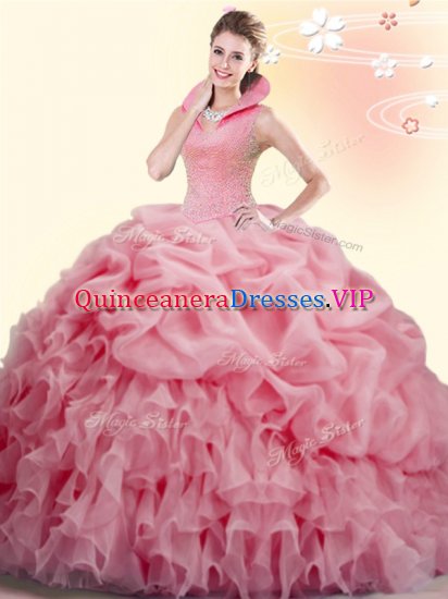 High-neck Sleeveless Organza Military Ball Dresses Beading and Ruffles and Pick Ups Brush Train Backless - Click Image to Close